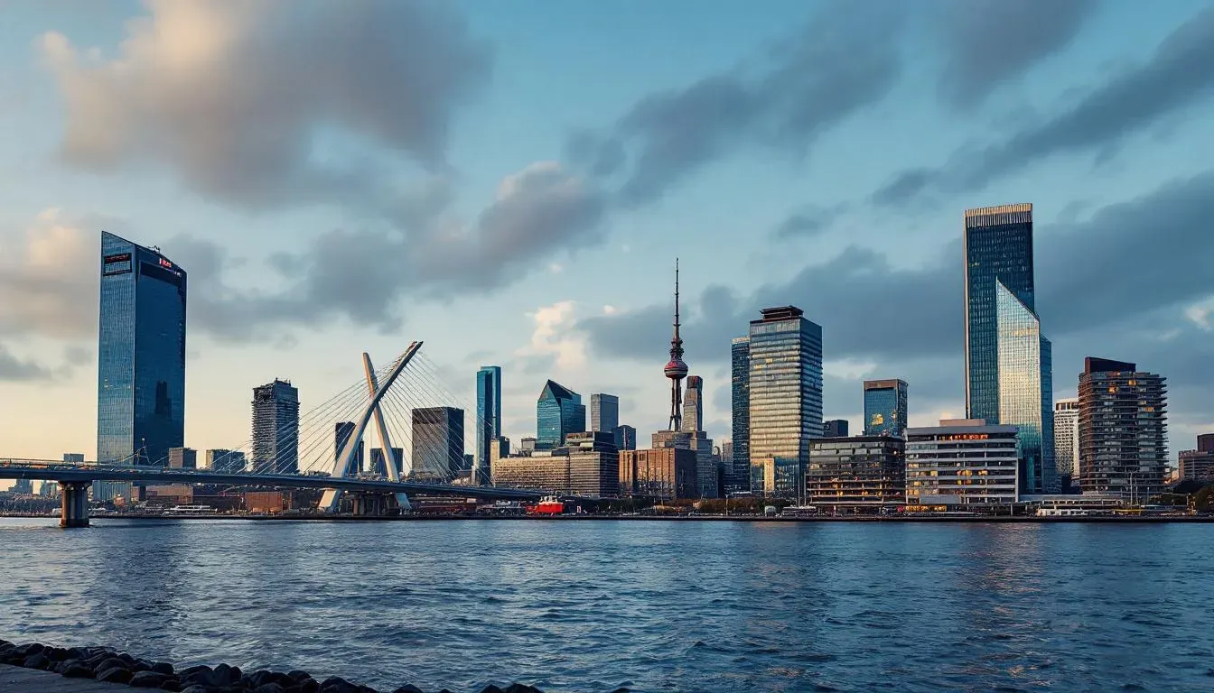 Filming in Rotterdam with modern skyline and Erasmus Bridge
