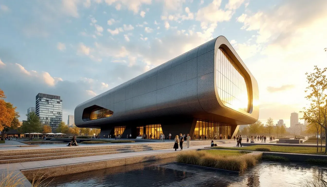 Modern museum building beside a canal - filming location in Netherlands