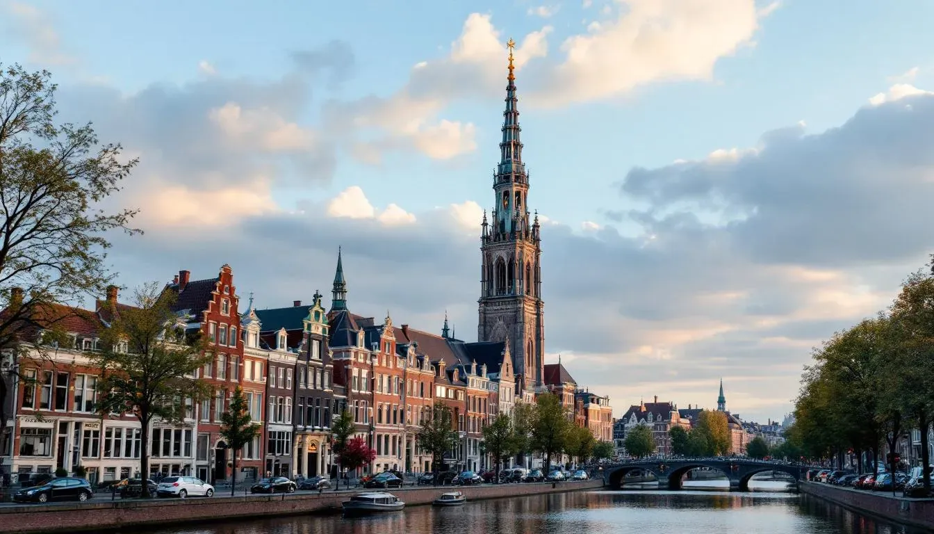 Filming in Utrecht with Dom Tower and historic canals
