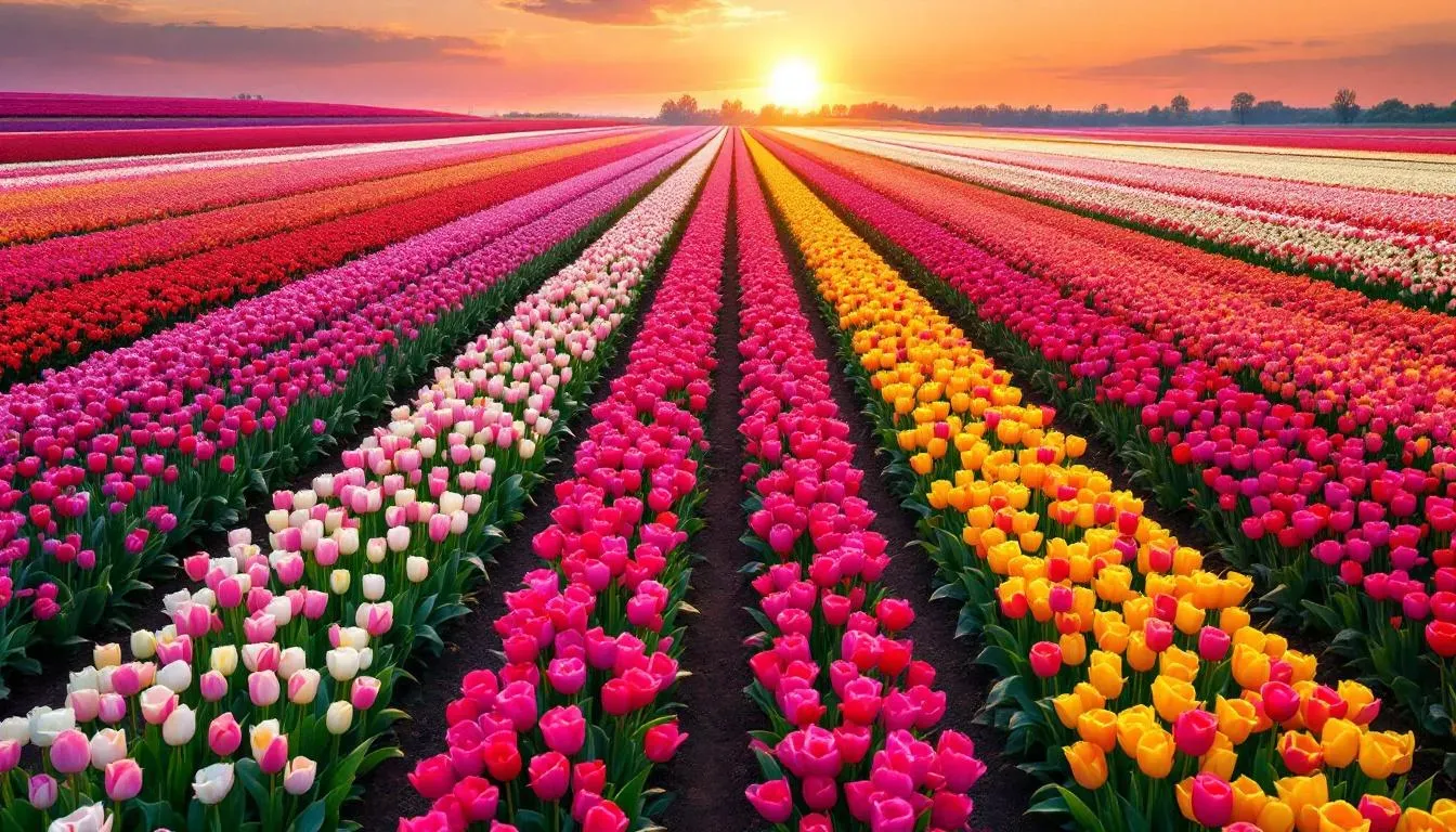 Rows of tulips in bloom - filming location in Netherlands